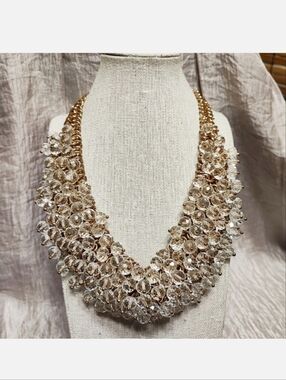 Clear Crystal Glass Faceted Beads Gold Tone Statement Bib Style Necklace